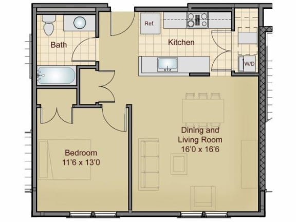 Taymil Burnham 1 Bedroom 1 Bathroom Floor Plan